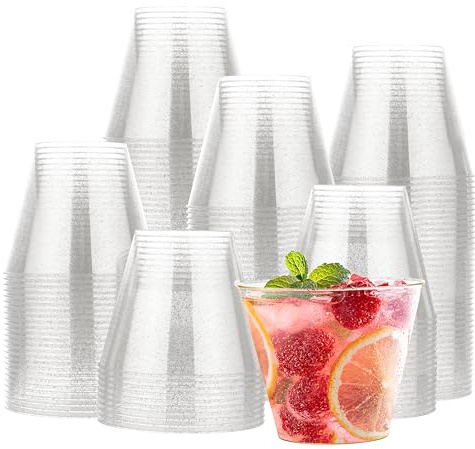 MATANA 120 Hartplastik Partybecher mit Silberglitzer (255ml / 9oz) - Plastikbecher, Trinkbecher, Kunststoffbecher für Geburtstage, Hochzeiten & Partys - Stabil & Mehrweg