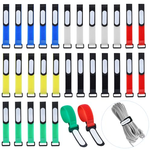 30 wiederverwendbare Kabelbinder mit beschreibbaren Etiketten | Klett-Kabelbänder für Kabelmanagement, verstellbare Draht-Organizer für Kabel, Schnüre und Schläuche, 20 x 2 cm, 6 Farben