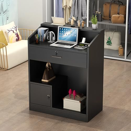 Schwarze Empfangstheke mit abschließbarer Schublade und offenen Regalen für Schönheitssalon und Heimbüro, 81,3 x 40,6 x 91,4 cm