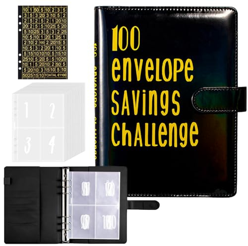 Raccoglitore ad Anelli A5,100 Envelope Saving Challenge,Raccoglitore ad 6 Anelli Budget Binder,con Bottone Magnetico e 25 PVC Tasca Organizer per Carte,per Rilegatura a Budget(Oro Nero)