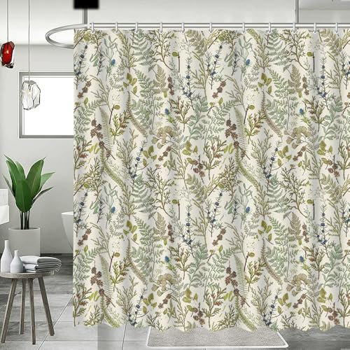 MEHOFOND Woodland Botanical Shower Curtain,Boho Forest Ferns Shower Curtain,Vintage Green Apothecary Herbs Plants Curtain for Bathroom,Aesthetic Neutral Farmhouse Bathroom Accessories 72x72 in