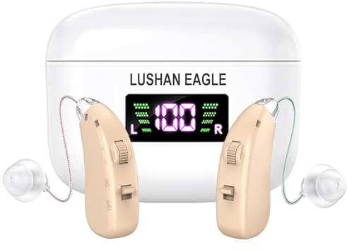LUSHAN EAGLE Auriculares de amplificación digital recargables, estuche de carga para amplificador con pantalla LED, color beige (Beige)