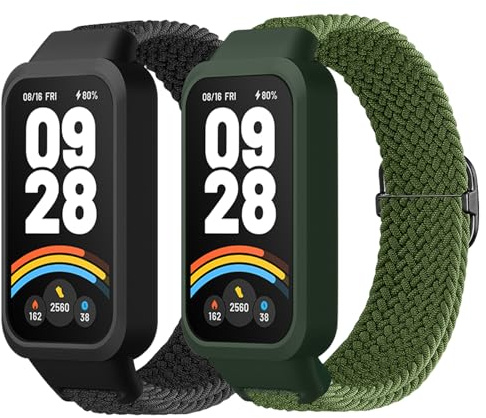 RenSheng 2 st armband kompatibelt med Xiaomi Smart Band 9 aktivt sportarmband, mjukt och elastiskt vävt band för Xiaomi Smart Band 9 Active armband, Svart/grön, xiaomi smart band 9 active