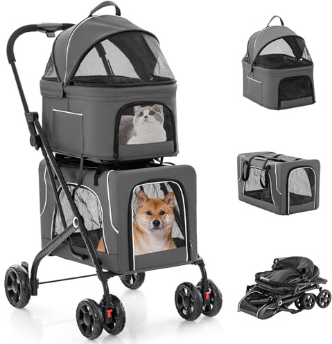 GYMAX 3-in-1 Hundewagen, Doppelt Haustierbuggy mit 2 abnehmbaren Tragetaschen, verstellbarem Sonnenschutz & Aufbewahrungstasche, klappbarer Haustierwagen mit 4 Rollen für 2 Hunde (Grau)
