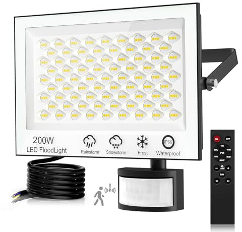 wowspeed 200W Security Lights Outdoor Motion Sensor, LED Floodlight Outdoor, IP66 Waterproof PIR Sensor Security Light, Dimmable Outdoor Light for Garden, Garage with 75cm Cable, 6500K Cold White