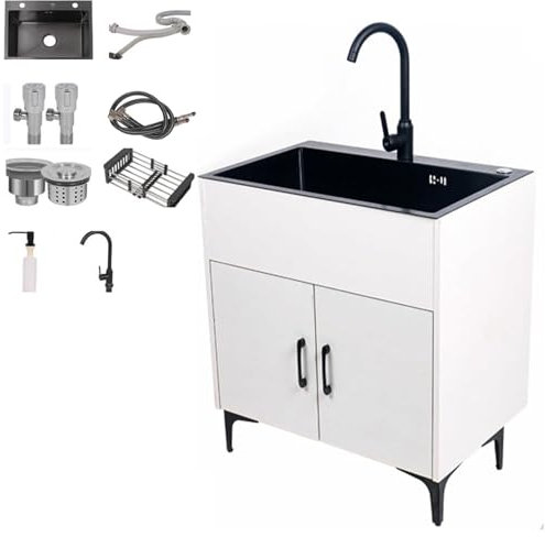 Lavello Di Utilità In Acciaio Inossidabile, Lavandino Indipendente Con Rubinetto Dell'acqua, Lavandino Multifunzionale Con Mobile Per Cucine, Bagni, Garage, Lava(Size:60*45cm/23.6*17.7in,Color:Bianco)