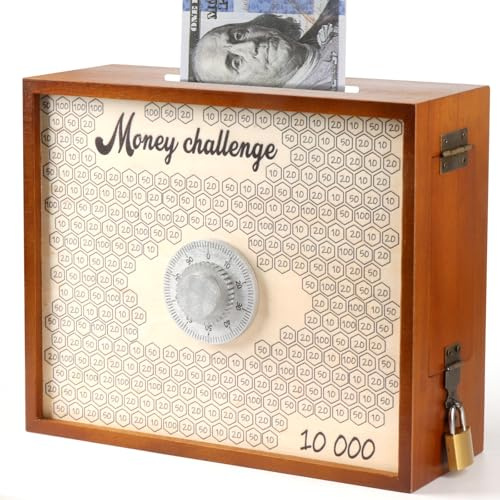 Mczxon 10000 Savings Challenge Box with Lock, Large Wooden 10k Money Saving Box Saver $10,000 Reusable Coin Money Challenge Cash Vault Saving Box Tracker Number Piggy Bank for Adults Kids, Brown