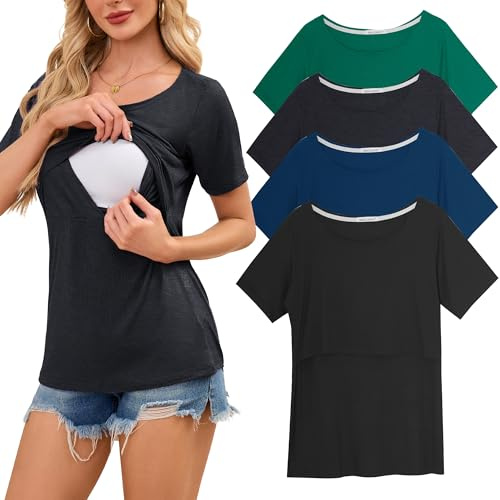 Smallshow Women's Nursing Tops Ribbed Short Sleeve Breastfeeding Clothes 4 Pack