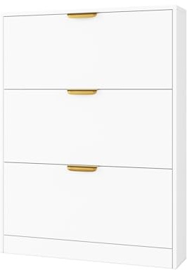 VOWNER Schuhschrank mit 3 Klappen Schmal Schuhkipper Weiss 80x17x108 cm | Platzsparender Schuhregal Organizer aus Holz für Flur & Eingangsbereich