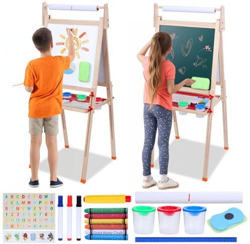 Kindertafel aus Holz - Doppelseitige Maltafel mit Whiteboard & Kreidetafel - Höhenverstellbare Staffelei für Kinder (80-110cm) inkl. Magnetfläche & Zubehör-Ablage für Kinder ab 3 Jahren