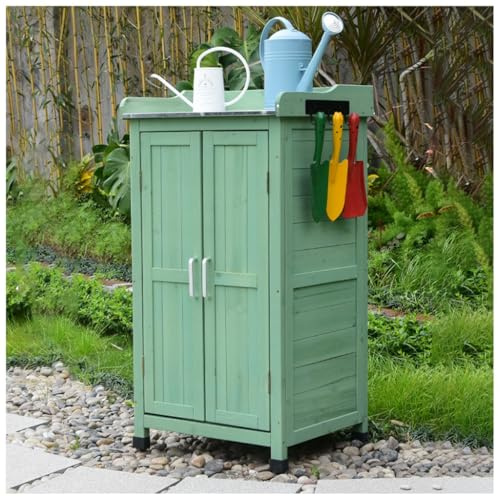 WOTZOV Banco da invasatura, Tavolo da invasatura da Giardino - Mobiletto portaoggetti in Legno per Esterni da Giardino e banco da Lavoro per piantagione con Ampio spaz,Green 50x43x95cm