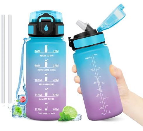 Gourde Sport 500ml, Gourde avec Paille sans BPA, Bouteille d'eau de Motivation avec Marqueur de Temps, Étanche et Réutilisable, Bouteille Réutilisable pour l'école, Sport, Bureau, Yoga, Camping
