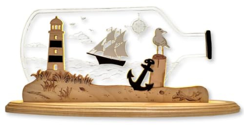 weigla - Schwibbogen original Erzgebirge I Motiv Flaschenpost Maritim I Dekoleuchte I LED-Lichterbogen I Größe 47 x 22 x 8,2 cm I Inklusive Beleuchtung I Deko innen I aus Holz & Acryl