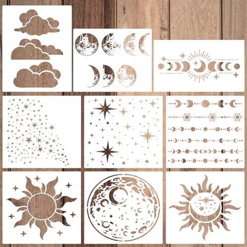 9 Stück Große Mandala-Schablonen Wiederverwendbare Vorlagen, Malschablonen Sonne Mond Schablonen für Holz Wand Möbel Boden Leinwand Home Decor Sonne Mond Stern Wolke Designs