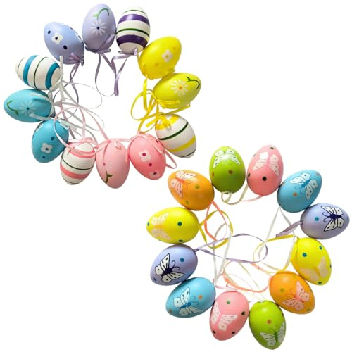 YIPFEN 24 Uova di Pasqua in Plastica da Appendere, per Interni ed Esterni, Decorazioni Pasquali con Motivi Festivi, Addobbi per Rami di Pasqua (Colorate)