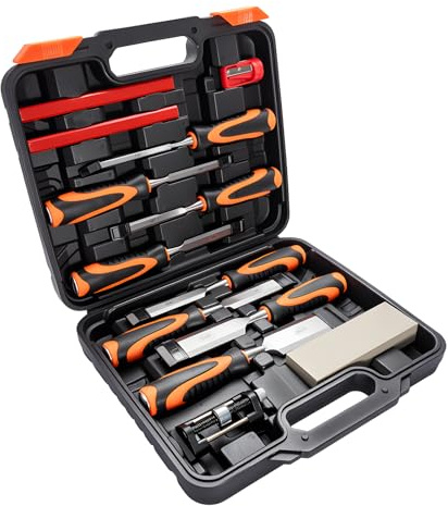 GREENSAPPIRE Wood Chisel Set 13PC CR-V Steel 8 Sizes Sharpening Stone Case | 13-piece woodworking chisel kit with 8 sizes CR-V steel blades, includes sharpening stone & honing guide, ideal for carving
