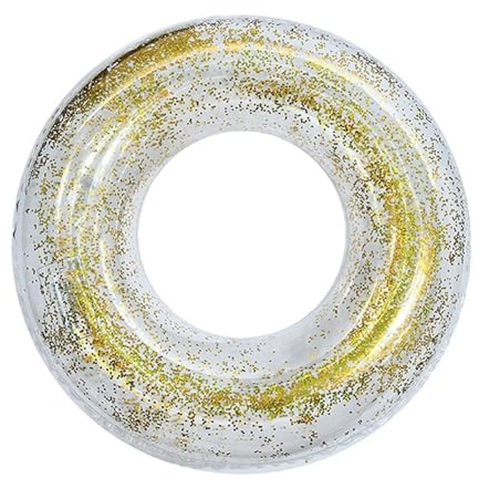 WIKIMO Schwimmring mit Glitzer und 2 Griffen, Ø 90 cm Großer Schwimmreifen Aufblasbar, Transparenter Badereifen für Erwachsene, Glitzerndes Pool Wasserspielzeug für Strand, Schwimmbad & Urlaub- Gold