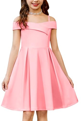 Arshiner Niñas Vestido Hombros Descubierto con Tirantes Finos Vestidos Niños Verano Elegantes Festivo Vestido Sin Mangas Fiesta Vestidos para Niña 9-10 Años Rosa
