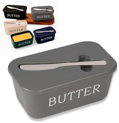 AURALIN Mantequillera Gris con tapa y cuchillo de plástico alimentario | Recipiente con compartimento protector para frigorífico cocina mesa encimera conservación diaria y servicio de alimentos