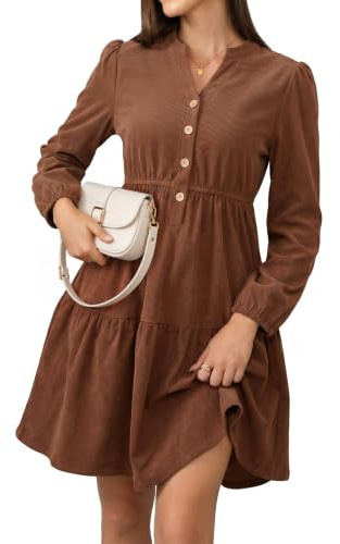 Fashora Robe Manche Longue Femme Robe Col V Chic et Elegant | Robe Velours Côtelé Femme, A-Line Casual Robe, Robes Taille Haute Élastiquée, Midi Dress, Robe Bohem, Automne, Hiver