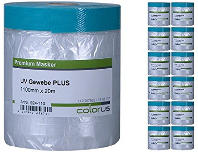 Colorus Masker Tape UV 12er Set Gewebe 20 m mit 110 cm Abdeckfolie | Folien Abklebeband mit UV-Gewebeband: 12 Rollen mit je 20 m Bandlänge und 110 cm Folienbreite für Fenster und Türen