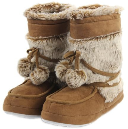 Home Slipper Women's Girl's Fashionable Warm Winter Long Fur Soft Sole Lace Pom Poms Indoor House Boots Slippers,US 11/12,Khaki