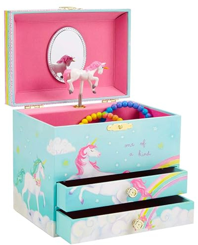 Jewelkeeper - Joyero Niña Musical Grande con Bailarina Clásica y 2 Cajones Extraíbles - Joyero Infantil en Tela Suave Azul con Lentejuelas para Almacenar Pulseras y Anillos - 17.2 x 11.5 x 15 cm