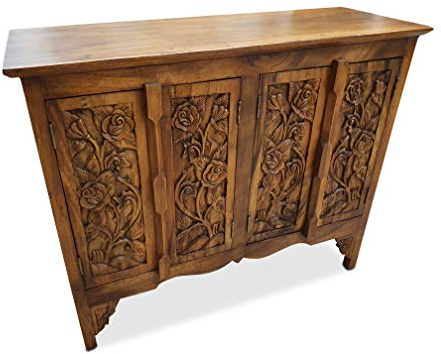 Kinaree Massivholz Sideboard SIAM II – Kommode aus Akazienholz mit handgeschnitzten floralen Ornamenten – Asiatisches Holz Sideboard für Wohnzimmer Flur (Kolonial)
