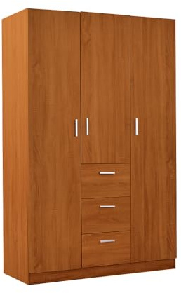 Panana Modern 3 Door Large Wooden Triple Wardrobe Clothes Closet Storage Organiser Furniture Units with Shelves and Drawers Bedroom, 115 x 49 x 181cm Oak Effect