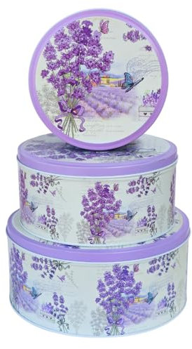 hadaaya Pack of 3 Stackable Round Metal Tin Containers with Lids Multipurpose Tins for Cookies, Candies, Kitchen Storage & More | Perfect for Mother's Day, Gifting Elegant Lavender Flower Design
