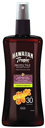 Hawaiian Tropic Protective Dry Spray Oil - Aceite Bronceador en Spray con Fragancia Coco & Aceite de Argán, Protección Alta - SPF 30 - Formato: 200 ml, El embalaje puede variar