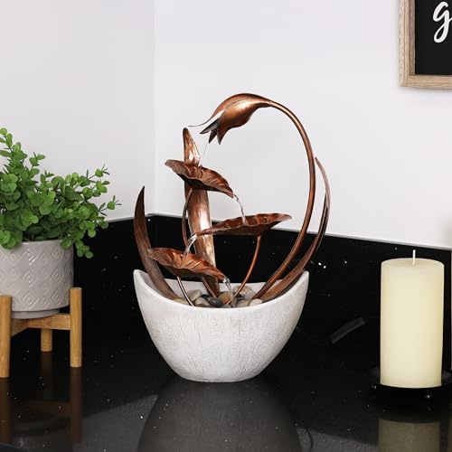 Alpine Corporation ZEN918 Indoor Tabletop Multi-Tiered Metal Falling Leaves Water Fountain with Stone-Filled Base, 15
