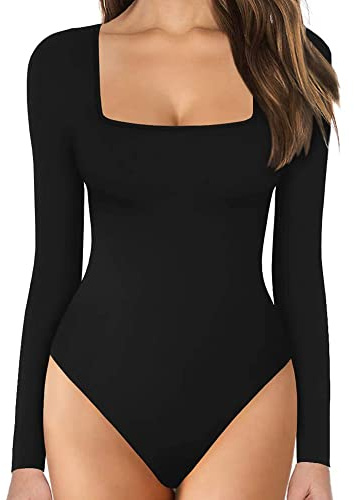 KOEMCY Body Mujer Sexy Bodies Vestir Manga Larga Elegante Mono de Negro Mujer Top Bodysuit (Negro, L)