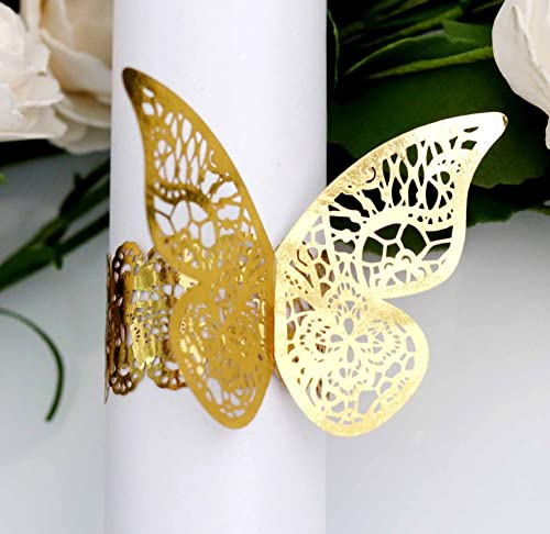 qbodp Einweg-Serviettenringe,100Er-Set,Ausgehöhlte Makramee-Serviettenring Für Die Hochzeit,Tischdekorationszubehör Schmetterlings-Serviettenschnallen Aus Papier,Gold