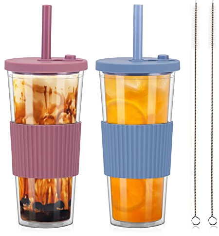 ZgoEC 24oz Bubble Tea Becher mit Strohhalm, 2pcs Auslaufsicher Trinkbecher | Eiskaffee Gläser Doppelwandig Isoliert Tumbler Cup für Kaffee, Milchshakes, Soda, Smoothie, Geschenk für Familie