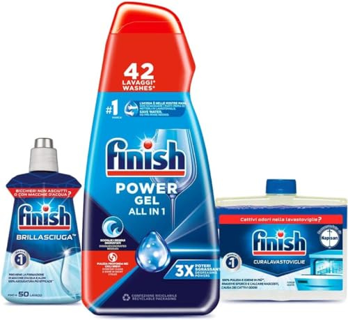 Finish Kit Lavastoviglie; Finish Powergel Detersivo Liquido Lavastoviglie Fresh 42 Lavaggi, Brillantante Regular 250ml, Curalavastoviglie regular 250ml