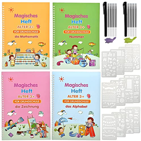 GOLDGE 4 Stück Magisches Vorschule übungsheft, Magisches Heft Deutsch mit Kalligraphie Stifte Mathematik Nummer Zeichnung Alphabet Schreiben Lernen für Kinder ab 3+ Jahren