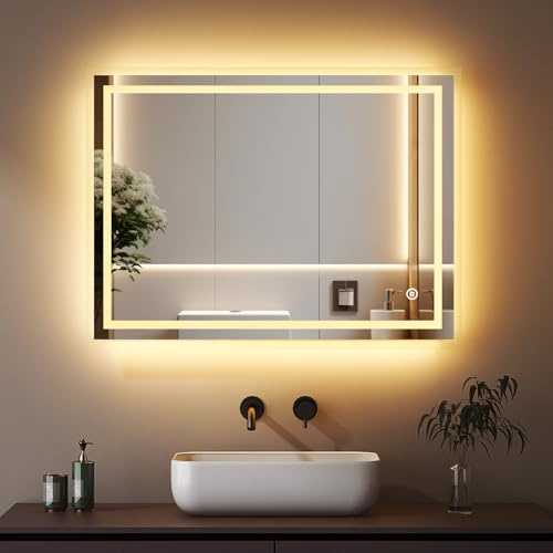 Boromal LED Badspiegel mit Beleuchtung 50x70cm Badezimmerspiegel 3 Lichtfarbe Dimmbar 3000-6500K 2410LM Kaltweiß Neutral Warmweiß Wandspiegel Lichtspiegel LED Spiegel mit Touch Schalter