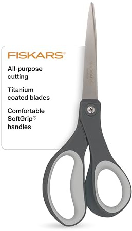 Fiskars 8 Comfort Grip Titanium All Purpose Scissors, Sharp Stainless Steel Blades for Everyday Cutting Tasks, Home, Office, and Arts & Crafts, Gray