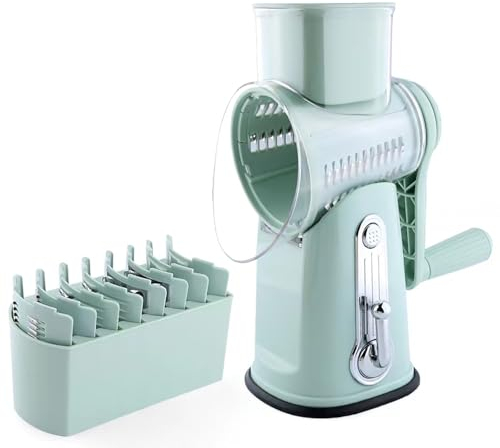 5 in 1 Rotary Cheese Grater with Handle: Stainless Steel Vegetable Slicer, Shredder, Cheese, Carrot, Cabbage Shredder (Light Green)