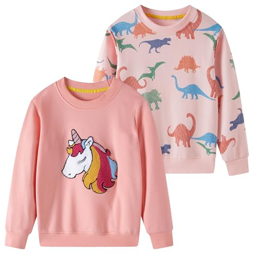 SOIBEEN Tjejtröja förtjusande barnpullover 2-pack topp skjorta jumper rund hals långärmad vardagskläder vår höst bomull huvtröja 1-10 år, Rosa enhörning + dinosaurie, 5-6 Years