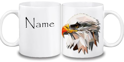 Kinder Tasse personalisiert mit Name, Adler | Farbwahl Tasse, Schriftwahl für Name, Keramik oder Kunststoff
