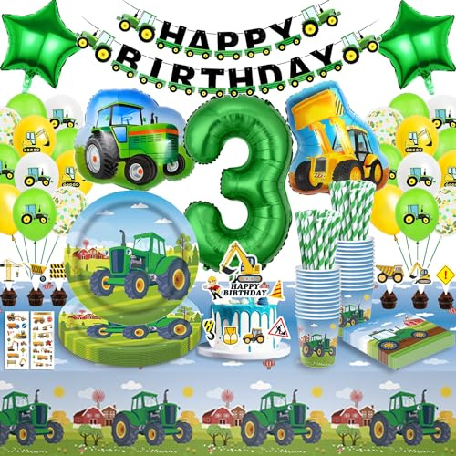 Traktor Partygeschirr Kindergeburtstag 3 Jahre - Geburtstag Deko für Junge Mit Luftballons, Pappteller, Tischdecke - 16 Gäste