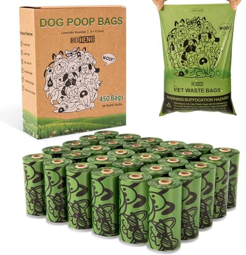 Dog Poo Bags - 450 Counts Biodegradable Thick Leak Proof Pet Poop Waste Bag Refill Rolls for 7 Month Supply, Lavender Scented