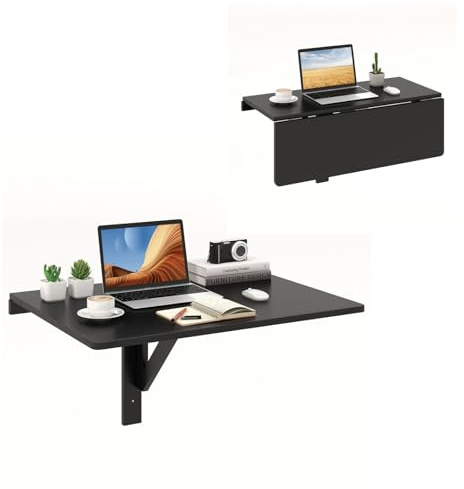 GYMAX Wandklapptisch 80 x 60 cm, Küchentisch Klappbar, platzsparender Esstisch aus Holz, Schreibtisch Wandmontage, Klapptisch, Wandtisch für Esszimmer & Arbeitszimmer (Schwarz)