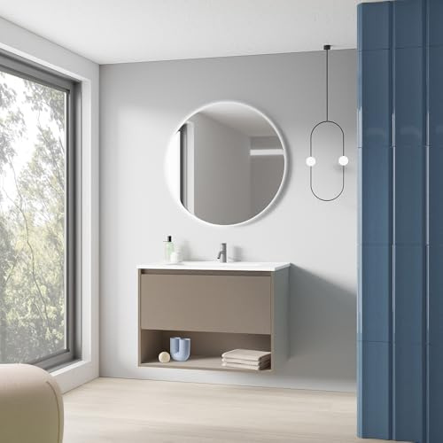 AMIZUVA | Conjunto de Mueble de Baño Suspendido NIWA con 1 cajón y 1 Hueco | Anchura 80 cm | Incluye Lavabo Cerámico y Espejo| Acabado en Fumé Arenado | Muebles de Baño con Lavabo y Espejo