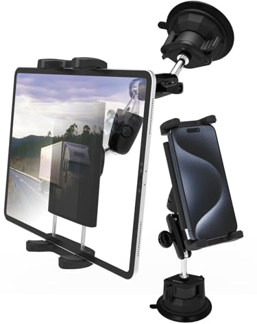 LYFPOOM Schwerlast Saugnapf Halter Tablet Halterung Auto - [Doppelt Metall Kugelkopf], PKW/LKW Armaturenbrett Saugnapf Tablethalter Auto, für 4-12,9 Zoll Handy & Tablet, iPad Pro/Air/Mini, iPhone usw