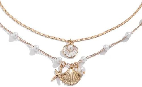 FDEETY Muschel Anhänger Halskette Mehrschichtig Damen Schmuck Perlenkette Meeresschmuck Seestern Muschelkette Maritim Schmuckset Goldkette Sommerschmuck
