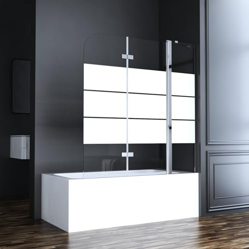 Goezes Duschwand für Badewanne 160x140cm(BxH) Faltbar 3-teilig, Gestreift Glas Duschwand mit festem Segment Badewannenaufsatz Duschtrennwand Duschabtrennung, Badewannenfaltwand mit 6mm ESG Glas