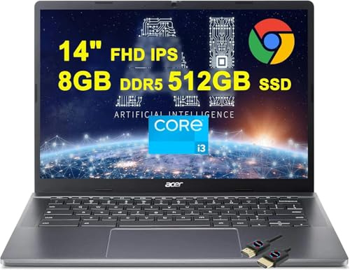 acer Chromebook Plus 514 Google AI Ordinateur portable | Écran tactile FHD IPS 14 | Intel Octa-core i3-N305 | 8 Go DDR5 512 Go SSD | Google AI gratuit de type C / 2 To de stockage puissant pour 1 an